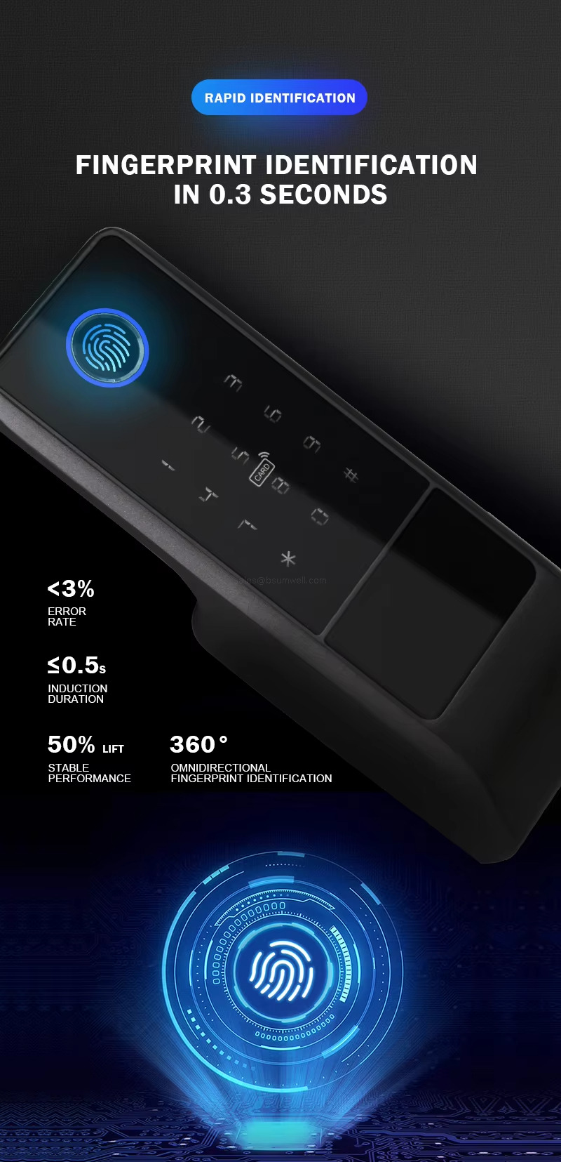 RAPID IDENTIFICATION - FINGERPRINT IDENTIFICATIONIN O.3 SECONDS <3% ERROR RATE; <0.5s INDUCTION DURATION; 50% LIFT STABLE PERFORMANCE; 360 OMNIDIRECTIONAL FINGERPRINT IDENTIFICATION RAPID IDENTIFICATION - FINGERPRINT IDENTIFICATIONIN O.3 SECONDS <3% ERROR RATE; <0.5s INDUCTION DURATION; 50% LIFT STABLE PERFORMANCE; 360 OMNIDIRECTIONAL FINGERPRINT IDENTIFICATION