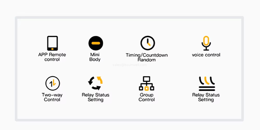 APP Remote control; Mini Body; Timing/Countdown Random; voice control; Two-way Control; Relay Status Setting; Group Control; Relay Status Setting APP Remote control; Mini Body; Timing/Countdown Random; voice control; Two-way Control; Relay Status Setting; Group Control; Relay Status Setting