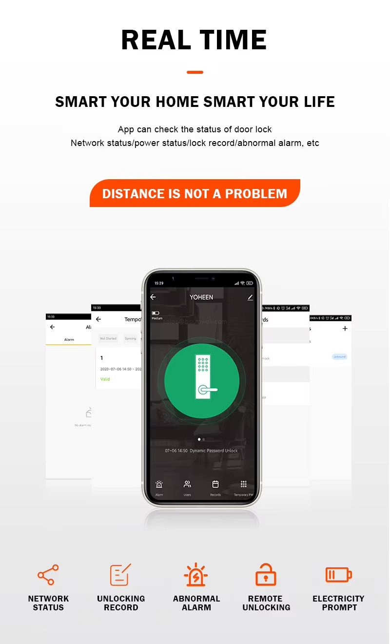 REAL TIME - SMART YOUR HOME SMART YOUR LIFE, DISTANCE IS NOT A PROBLEM App can check the status of door lock. Network status/power status/lock record/abnormal alarm, etc NETWORK STATUS, UNLOCKING RECORD, ABNORMAL ALARM, REMOTE UNLOCKING, ELECTRICITY PROMPT REAL TIME - SMART YOUR HOME SMART YOUR LIFE, DISTANCE IS NOT A PROBLEM App can check the status of door lock. Network status/power status/lock record/abnormal alarm, etc NETWORK STATUS, UNLOCKING RECORD, ABNORMAL ALARM, REMOTE UNLOCKING, ELECTRICITY PROMPT