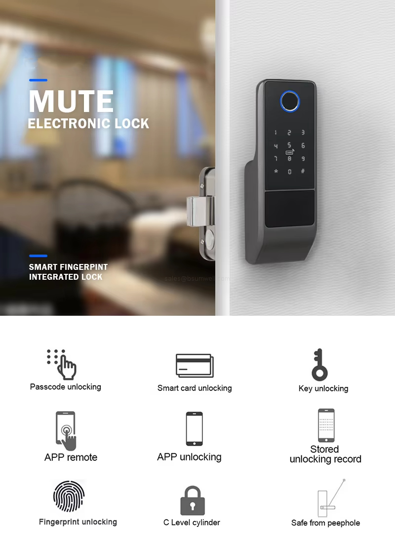 MUTEELECTRONIC LOCK - SMART FINGERPINT INTEGRATED LOCK Passcode unlocking; Smart card unlocking; Key unlocking; APP remote; APP unlocking; Stored unlocking record; Fingerprint unlocking; C Level cylinder; Safe from peephole MUTEELECTRONIC LOCK - SMART FINGERPINT INTEGRATED LOCK Passcode unlocking; Smart card unlocking; Key unlocking; APP remote; APP unlocking; Stored unlocking record; Fingerprint unlocking; C Level cylinder; Safe from peephole