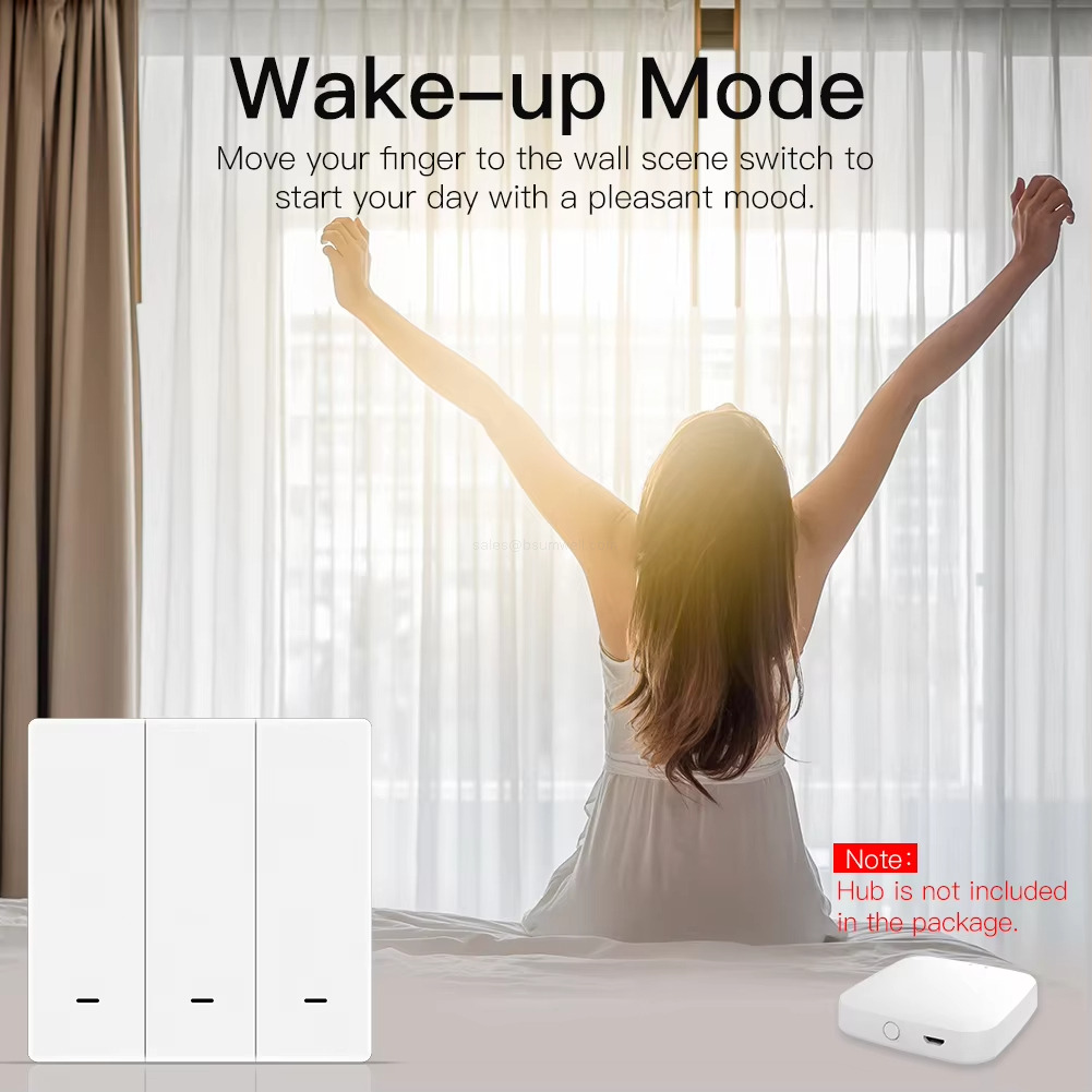 Wake-up Mode Move your fnger to the wall scene switch tostart your day with a pleasant mood. Wake-up Mode Move your fnger to the wall scene switch tostart your day with a pleasant mood.
