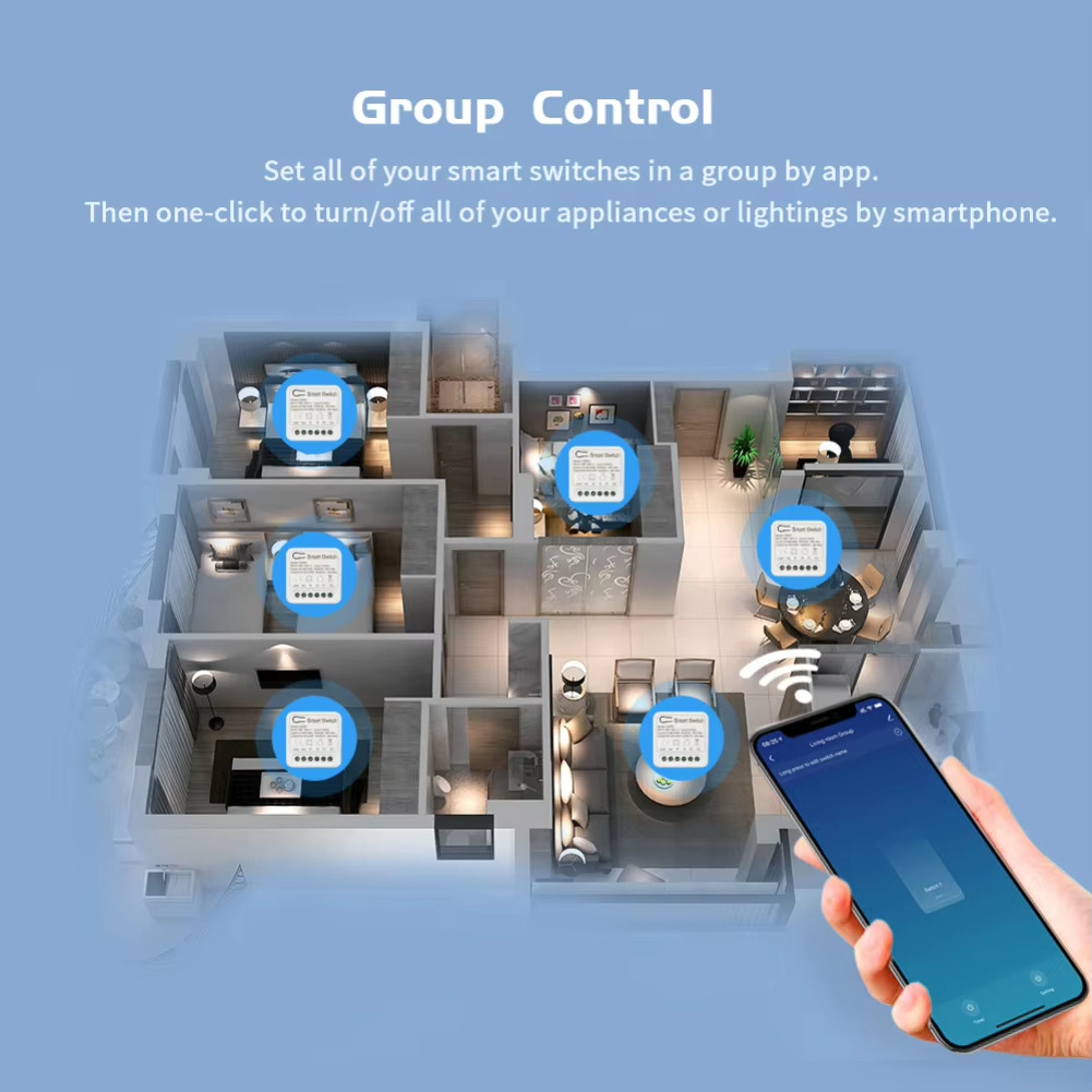 Control Group Set all of your smart switches in a group by app. Then one-click to turn/off all of your appliances or lightings by smart phone. Control Group Set all of your smart switches in a group by app. Then one-click to turn/off all of your appliances or lightings by smart phone.