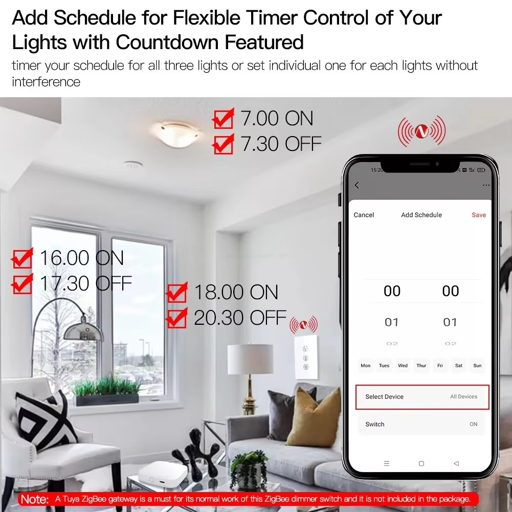 Add Schedule for Flexible Timer Control of YourLights with Countdown Featured timer your schedule for all three lights or set individual one for each lights withoutinterference Add Schedule for Flexible Timer Control of YourLights with Countdown Featured timer your schedule for all three lights or set individual one for each lights withoutinterference