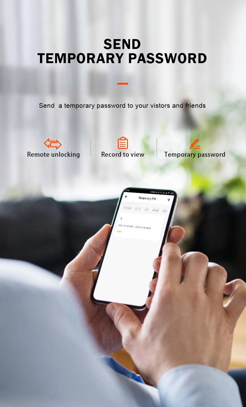 SEND TEMPORARY PASSWORD Send a temporary password to your vistors and friends. Remote unlocking; Record to view; Temporary password SEND TEMPORARY PASSWORD Send a temporary password to your vistors and friends. Remote unlocking; Record to view; Temporary password