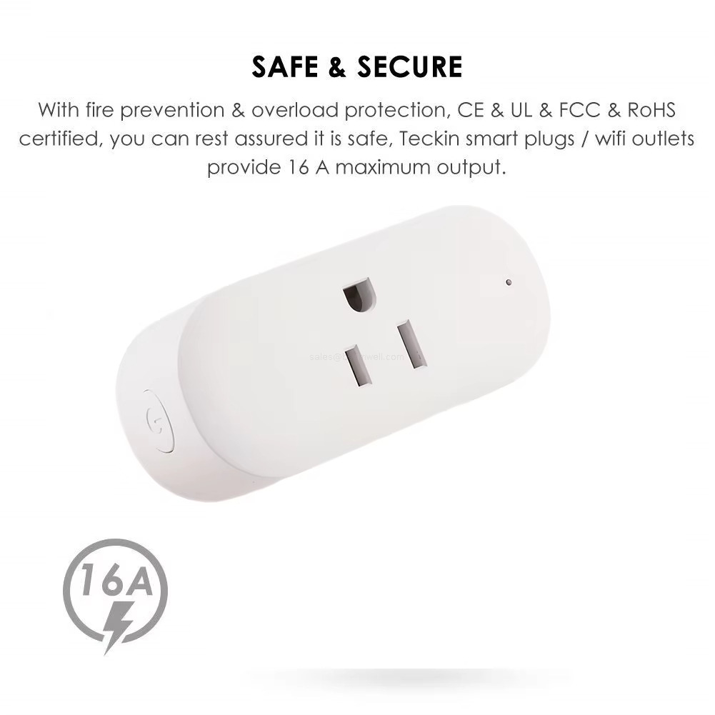 SAFE & SECURE With fire prevention & overload protection, CE & UL & FCC & ROHScertified, you can rest assured it is safe, Teckin smart plugs / wifi outletsprovide 16 A maximum output. SAFE & SECURE With fire prevention & overload protection, CE & UL & FCC & ROHScertified, you can rest assured it is safe, Teckin smart plugs / wifi outletsprovide 16 A maximum output.