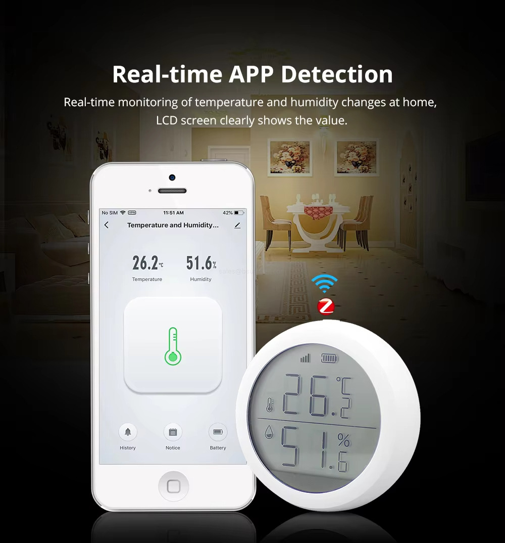 Real-time APP Detection Real-time monitoring of temperature and humidity changes at home, LCD screen clearly shows the value. Real-time APP Detection Real-time monitoring of temperature and humidity changes at home, LCD screen clearly shows the value.