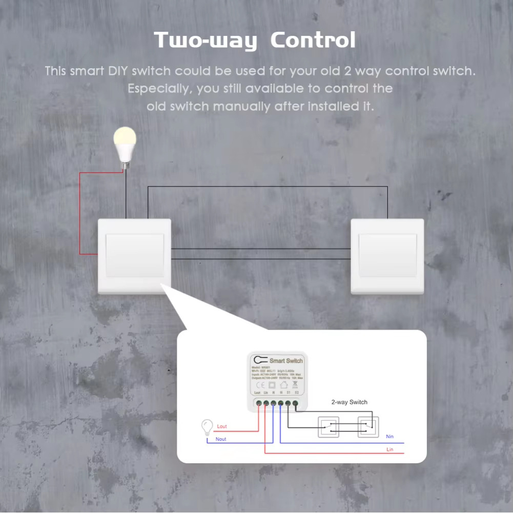 Two-way Control This smart DlY switch could be used for your old 2 way control switch. Especially, you still available to control the old switch manually after installed it. Two-way Control This smart DlY switch could be used for your old 2 way control switch. Especially, you still available to control the old switch manually after installed it.