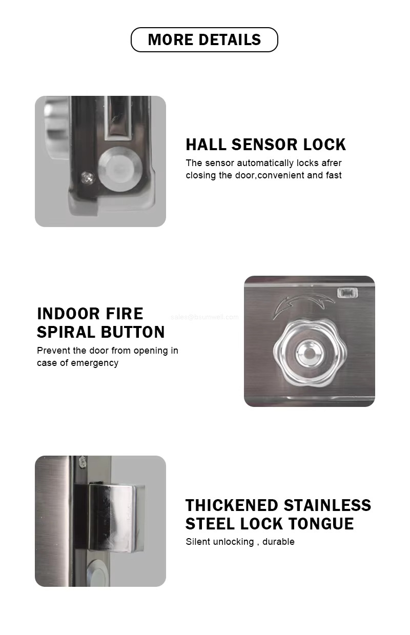 MORE DETAILS - HALL SENSOR LOCK The sensor automatically locks afrer closing the door,convenient and fast -INDOOR FIRESPIRAL BUTTON Prevent the door from opening incase of emergency -THICKENED STAINLESSSTEEL LOCK TONGUE Silent unlocking , durable MORE DETAILS - HALL SENSOR LOCK The sensor automatically locks afrer closing the door,convenient and fast -INDOOR FIRESPIRAL BUTTON Prevent the door from opening incase of emergency -THICKENED STAINLESSSTEEL LOCK TONGUE Silent unlocking , durable
