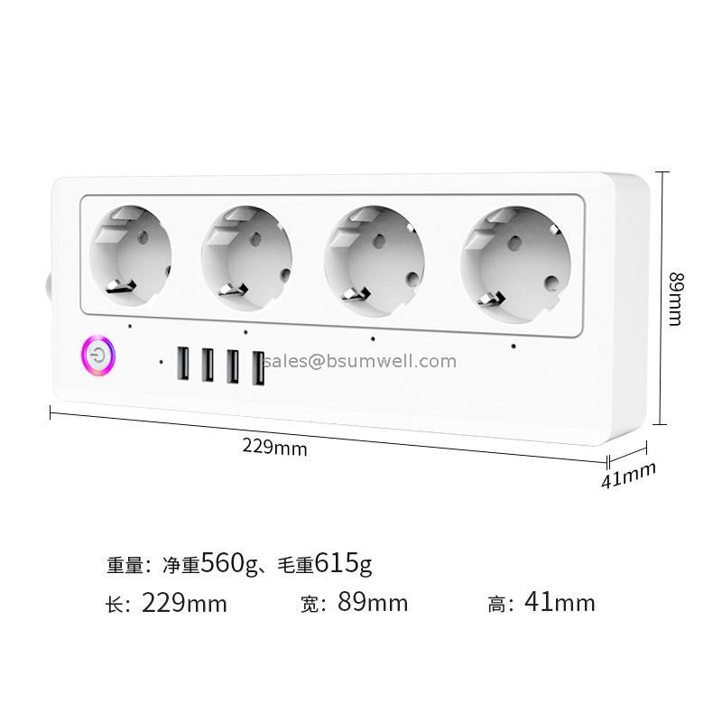 16A EU Smart Power Strip Wifi Tuya Plug Outlet Extender Multi Smart Office Socket Board with 4 Usb Ports Match Alexa