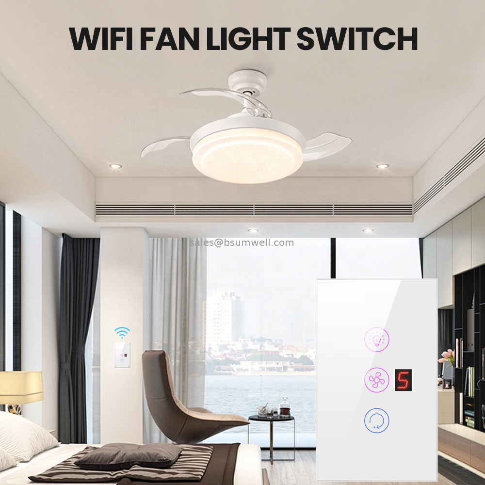 Tuya Smart Wifi Ceiling Fan Switch Eu Standard Tempered Glass Touch Panel Remote Control Wall Switch Screen Display