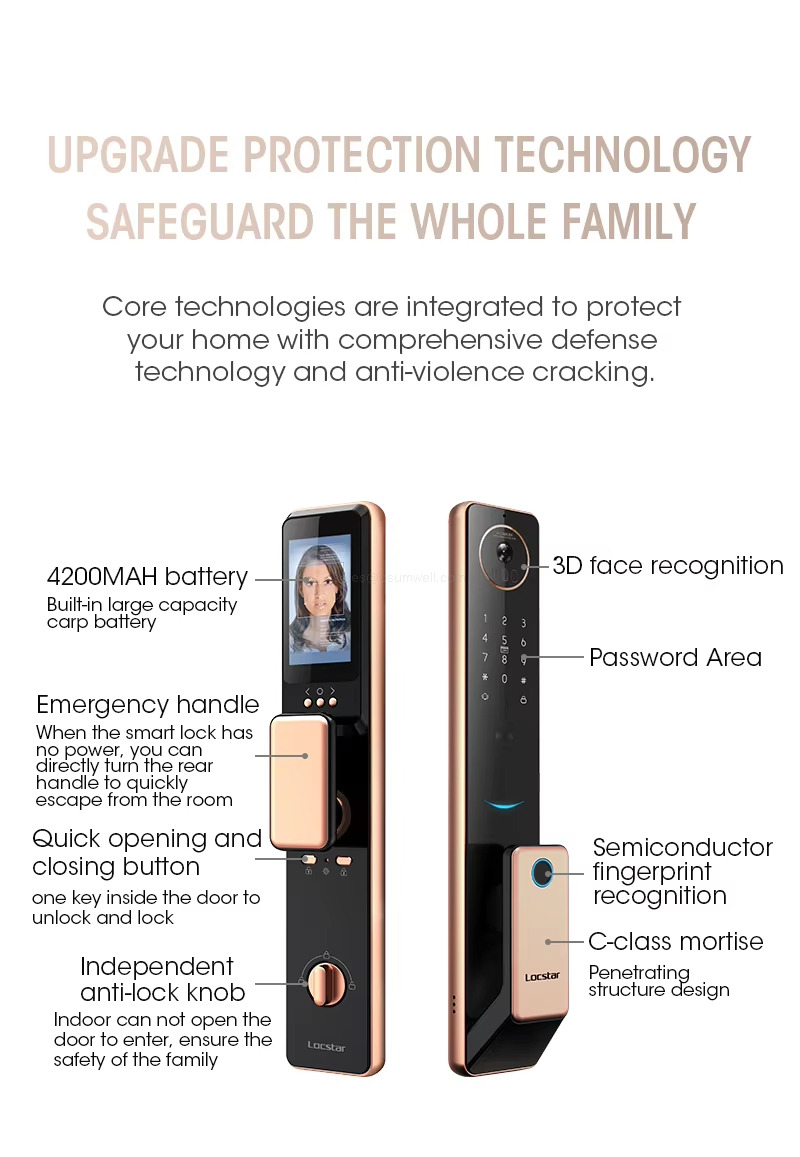 UPGRADE PROTECTION TECHNOLOGY SAFEGUARD THE WHOLE FAMILY Core technologies are integrated to protect your home with comprehensive defense technology and anti-violence cracking, 4200MAH battery Built-in large capacity carp battery Emergency handle When the smart lock has no power, you can directly tur the rearhandle to quickly escape from the room Quick opening and closing button one key inside the door to unlock and lock Independent anti-lock knob Indoor can not open the door to enfer, ensure the safety of the family 3D face recognition Password Area Semiconductor fingerprint recognition C-class mortise Penetrating structure design