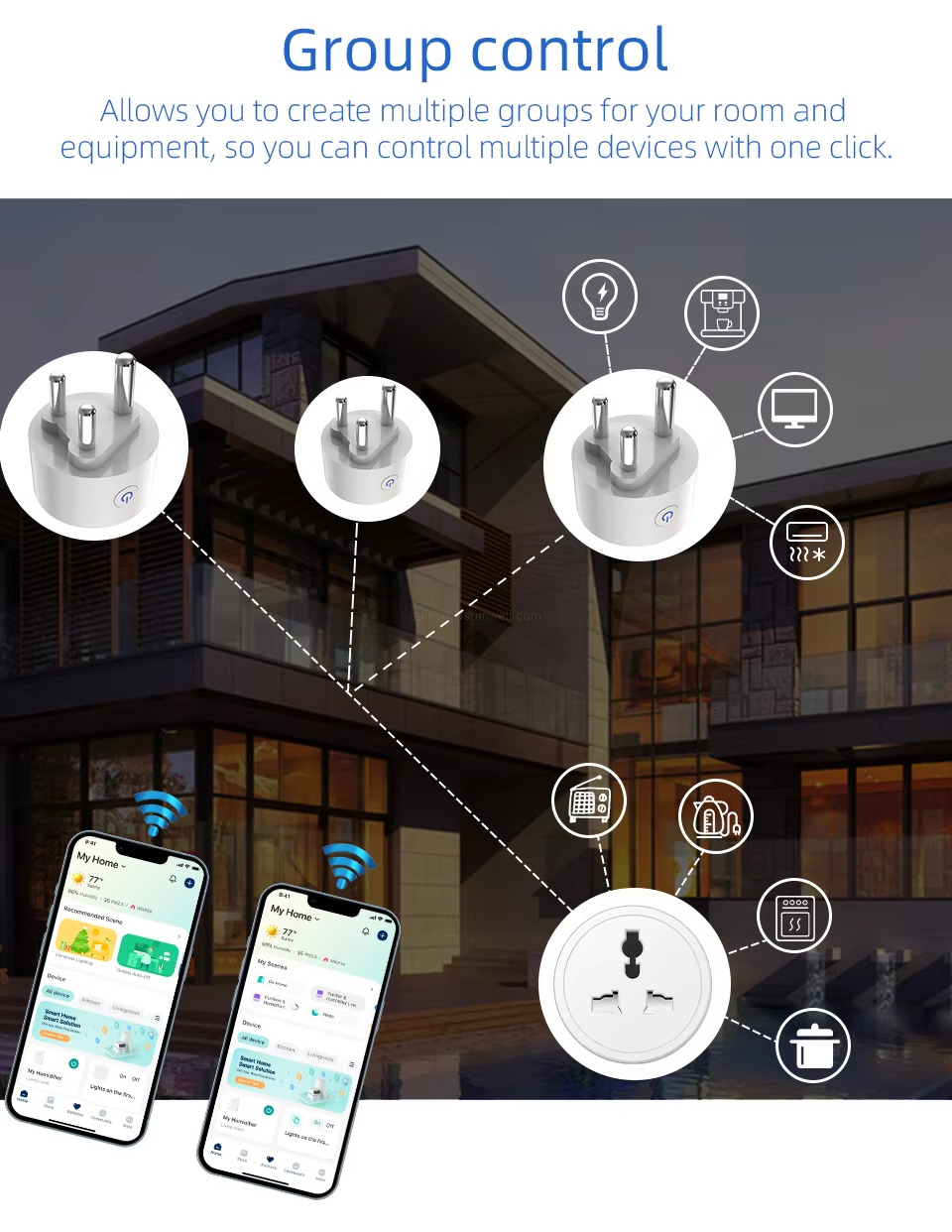 Group control Allows you to create multiple groups for your room andequipment, so you can control multiple devices with one click.