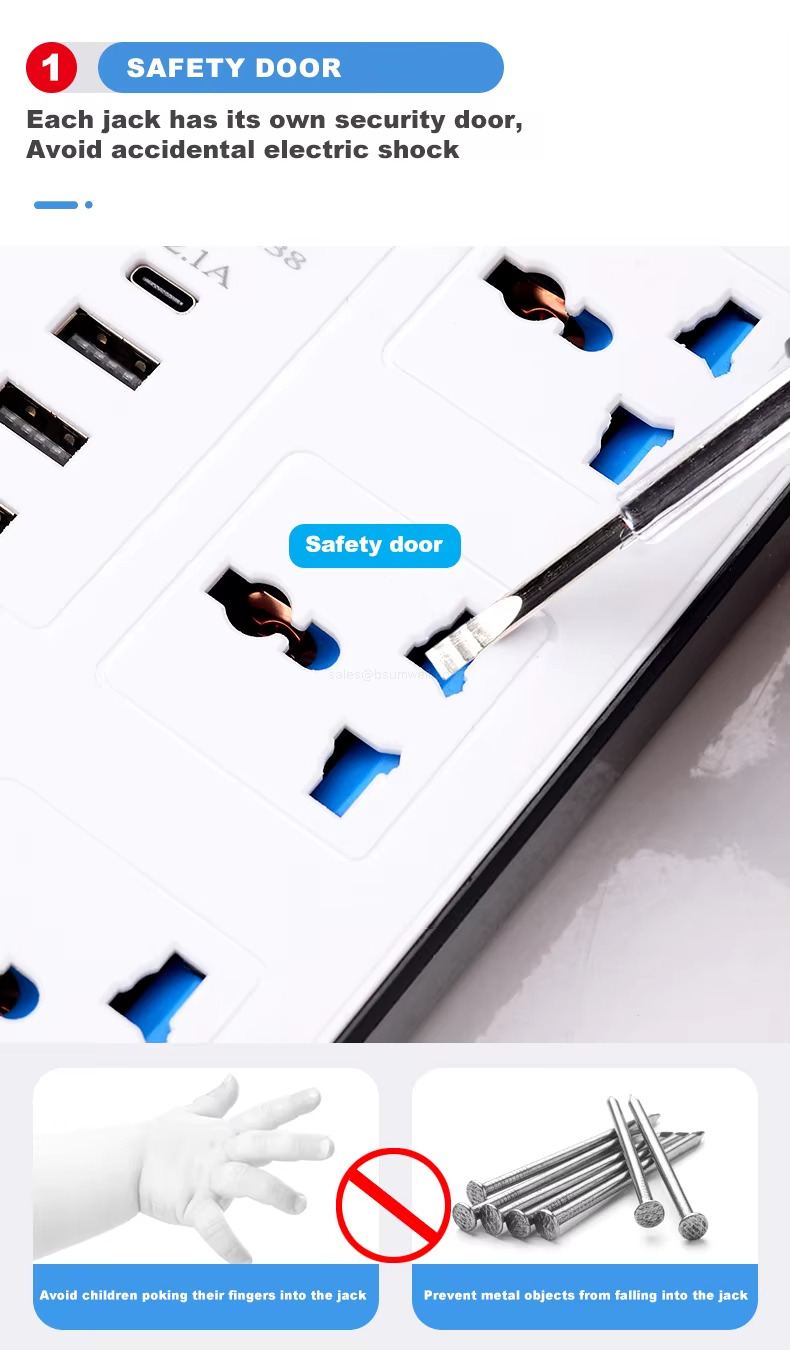 SAFETY DOOR Each jack has its own security door,Avoid accidental electric shock