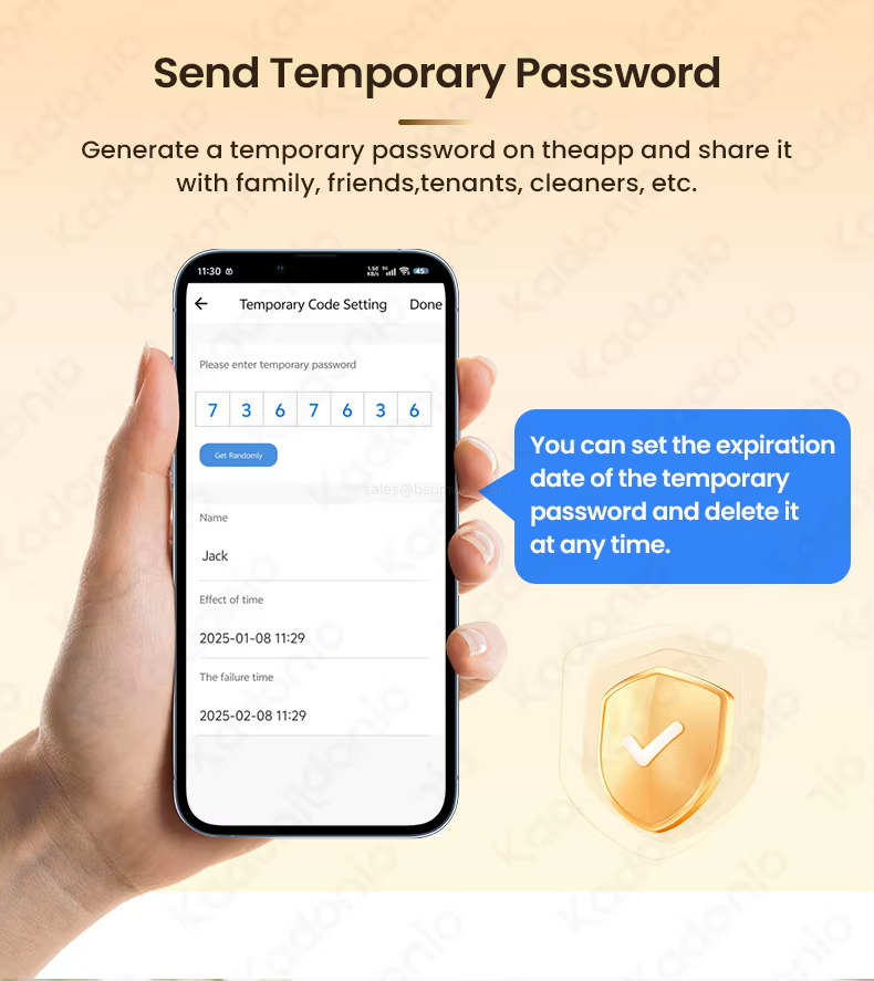 Send Temporary Password Generate a temporary password on the app and share it with family, friends, tenants, cleaners, etc.