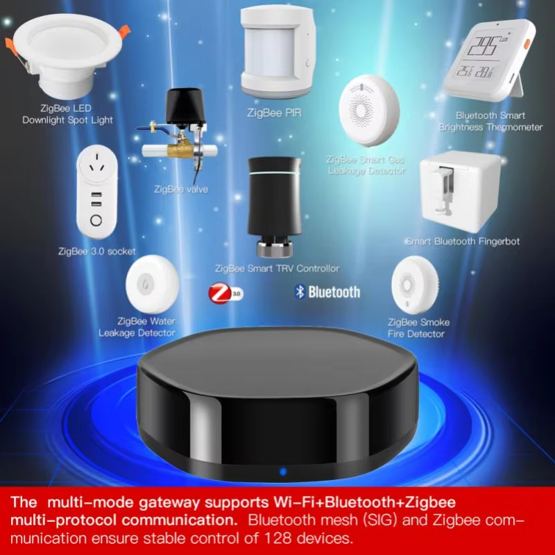 The multi-mode gateway supports Wi-Fi+Bluetooth+Zigbee. multi-protocol communication. Bluetooth mesh (SlG) and Zigbee com-munication ensure stable control of 128 devices.