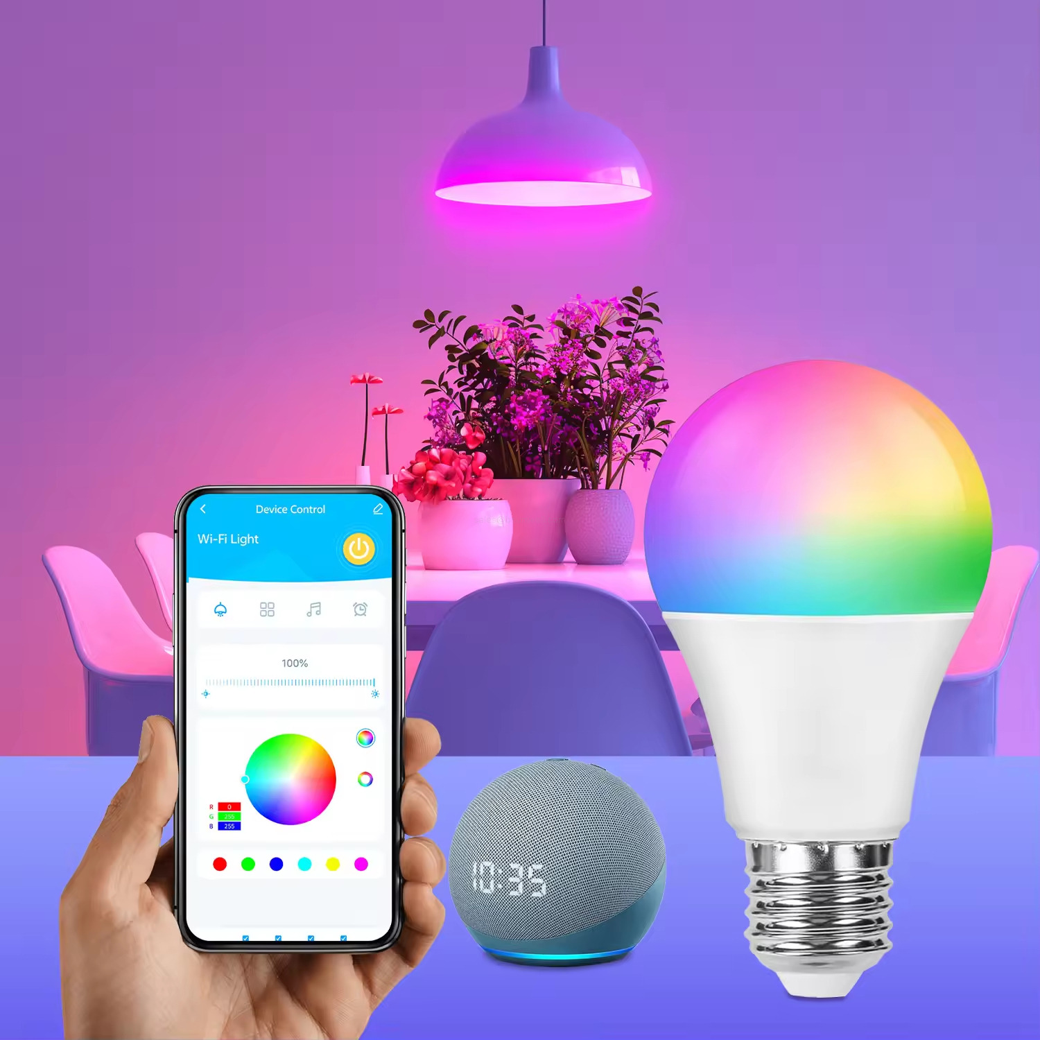 E26 smart LED bulb: RGB dimmable, Bluetooth+WiFi dual-connect, voice control (Alexa/Google). 20000H life, wide voltage, ideal for home ambient lighting.