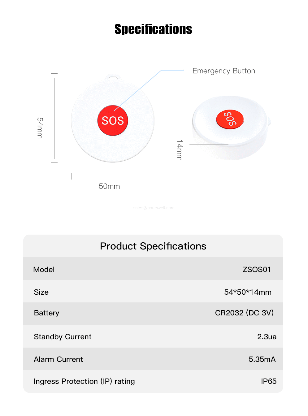 Product Specifcations Model Size Battery Standby Current Alarm Current Ingress Protection (lP) rating