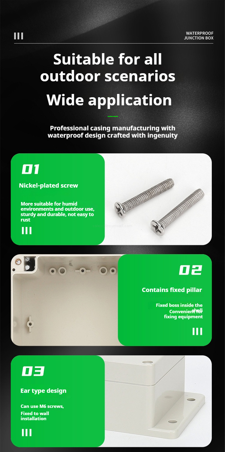 Suitable for various outdoor scenarios, with a wide range of applications. Professional shell manufacturing, waterproof design crafted with ingenuity. Nickel-plated screws.