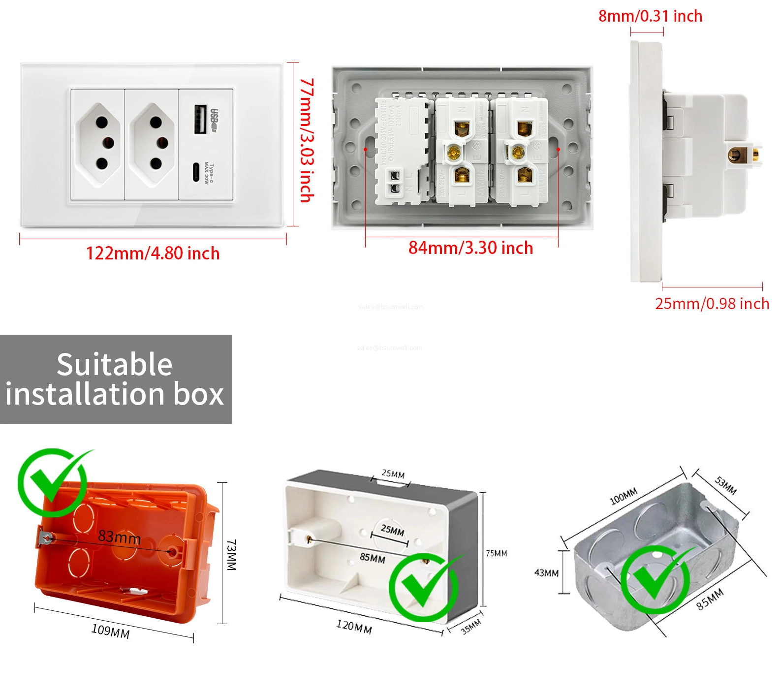 Brazil Standard Smart Switch Wall Outlet White Crystal Glass Panel Electrical Receptacle 10A 20A Power Socket with USB Type C 20W Fast Charger and Cat6 RJ45 Network Module