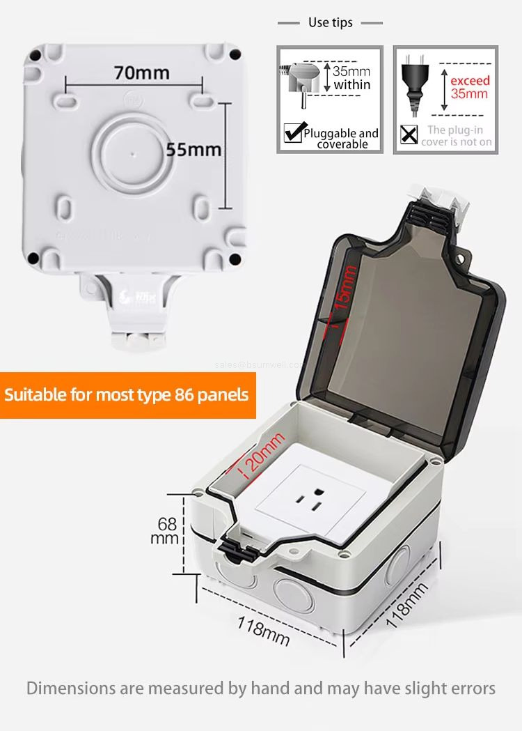 IP66 Waterproof Outdoor Socket Box Wall Mounted Type 86 Weatherproof Electrical Outlet Cover for High Power Appliances EV Charging Sheds and Industrial Workshops