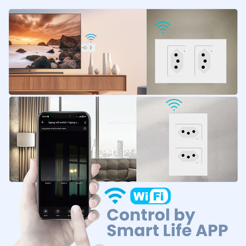 Brazil Standard Smart WiFi Wall Socket 16A Duplex Electrical Outlet Tempered Glass Panel Work with Tuya Smart Life Alexa Google Home