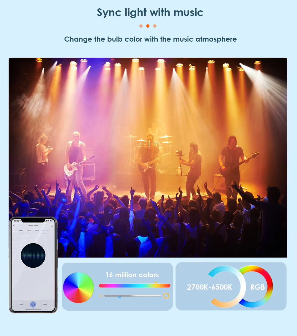Sync light with music Change the bulb color with the music atmosphere