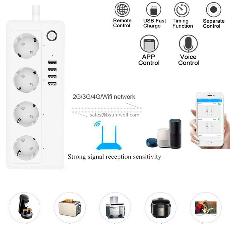 16A EU Smart Power Strip Wifi Tuya Plug Outlet Extender Multi Smart Office Socket Board with 4 Usb Ports Match Alexa