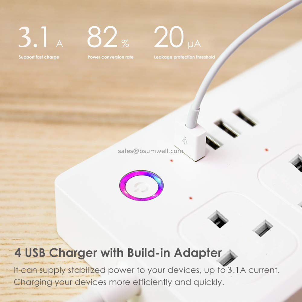 UK Smart Extension 4 Socket 4 USB Hub WiFi Tuya Smart Power Strip