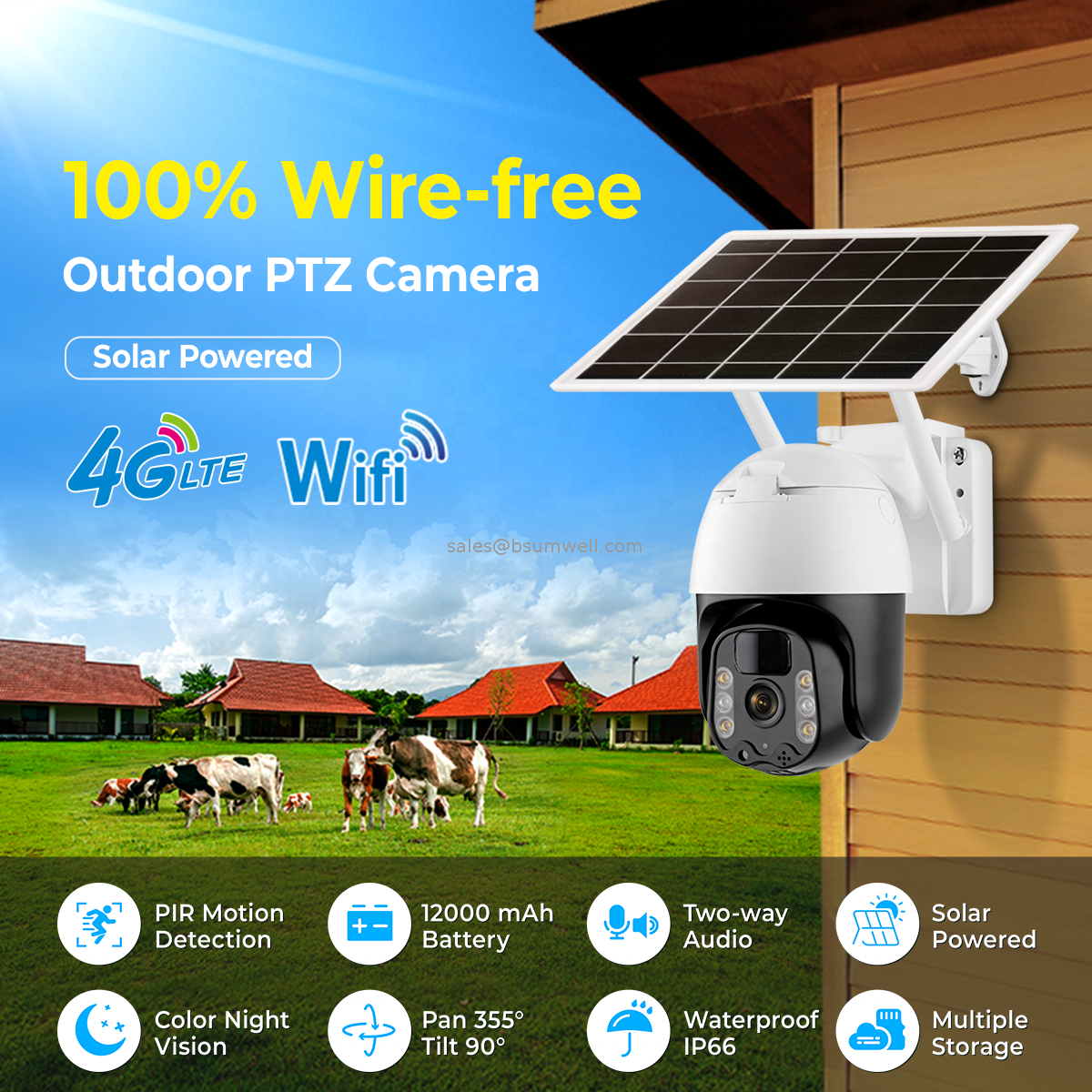 Full HD 3MP 2K Tuya Smart Wifi Solar Battery Powered Ptz Outdoor Auto Tracking Pir Motion Sensor Wireless 360 Solar Camera