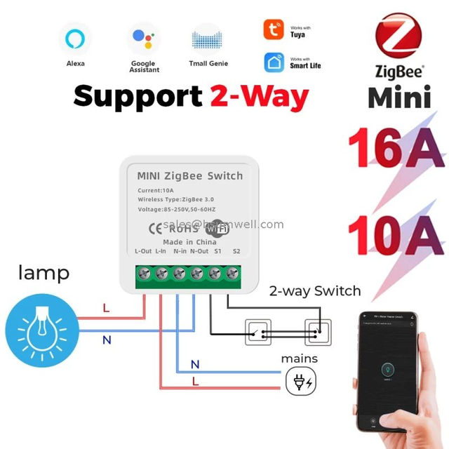 16A Mini Smart Wifi DIY Switch 2 lights one switch wiring