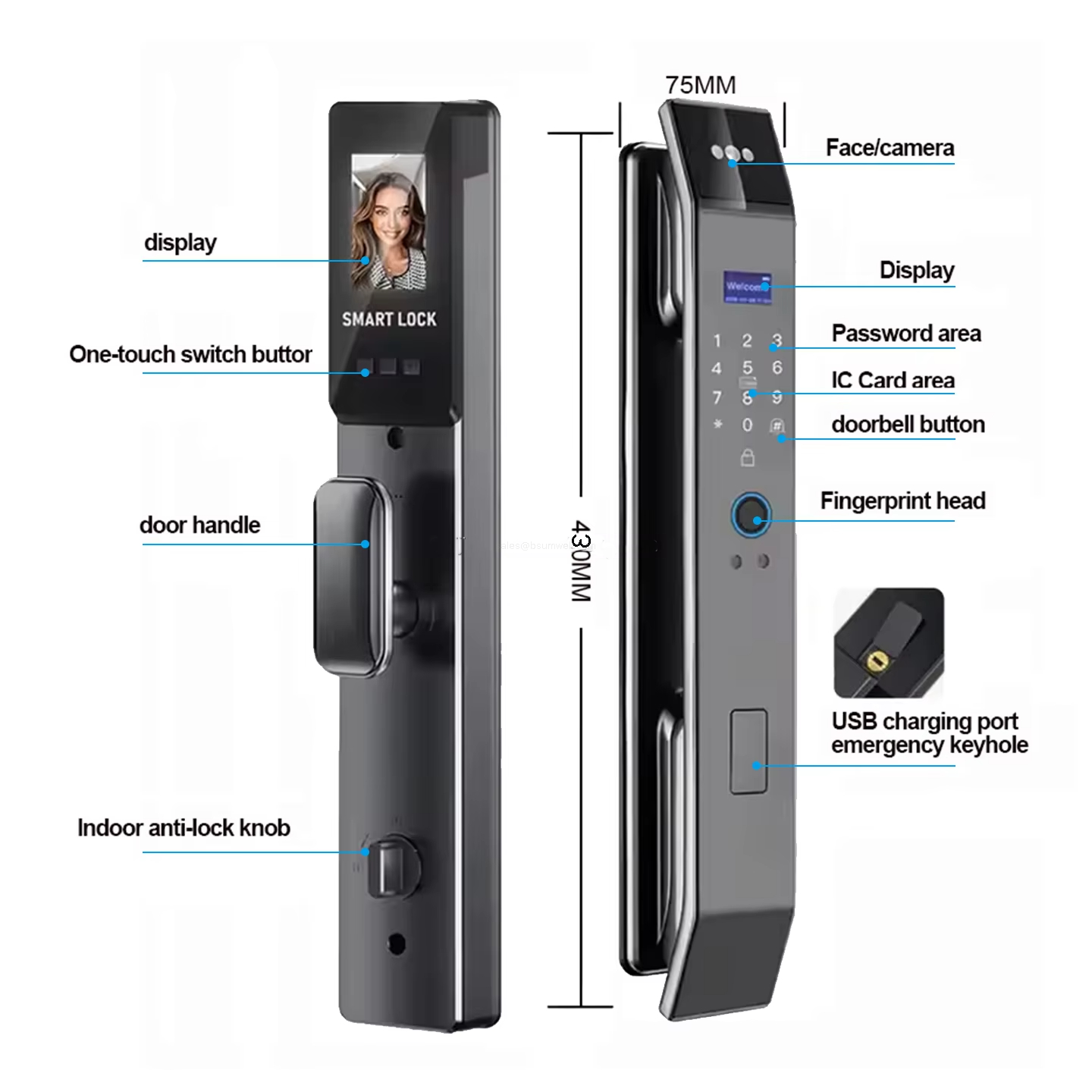 display One-touch switch buttor door handle Indoor anti-lock knob Face/camera Display Password area IC Card area doorbell button Fingerprint head UsB charging port emergency keyhole