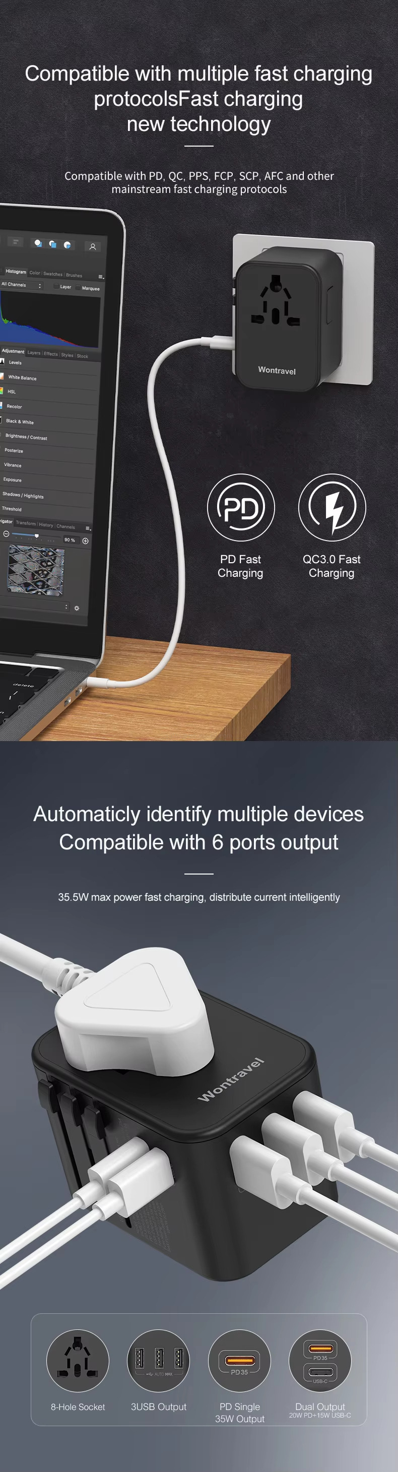Compatible with multiple fast charging protocols. Fast chargingnew technology Compatible with PD, QC, PPS, FCP, SCP, AFC and other mainstream fast charging protocols Automaticly identify multiple devices Compatible with 6 ports output 35.5W max power fast charging, distribute current inteligently