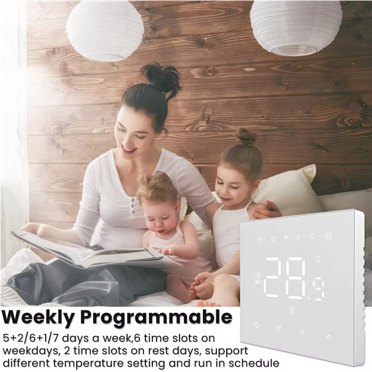 Weekly Programmable. 5+2/6+1/7 days a week, 6 time slots on weekdays, 2 time slots on rest days, support different temperature setting and run in schedule