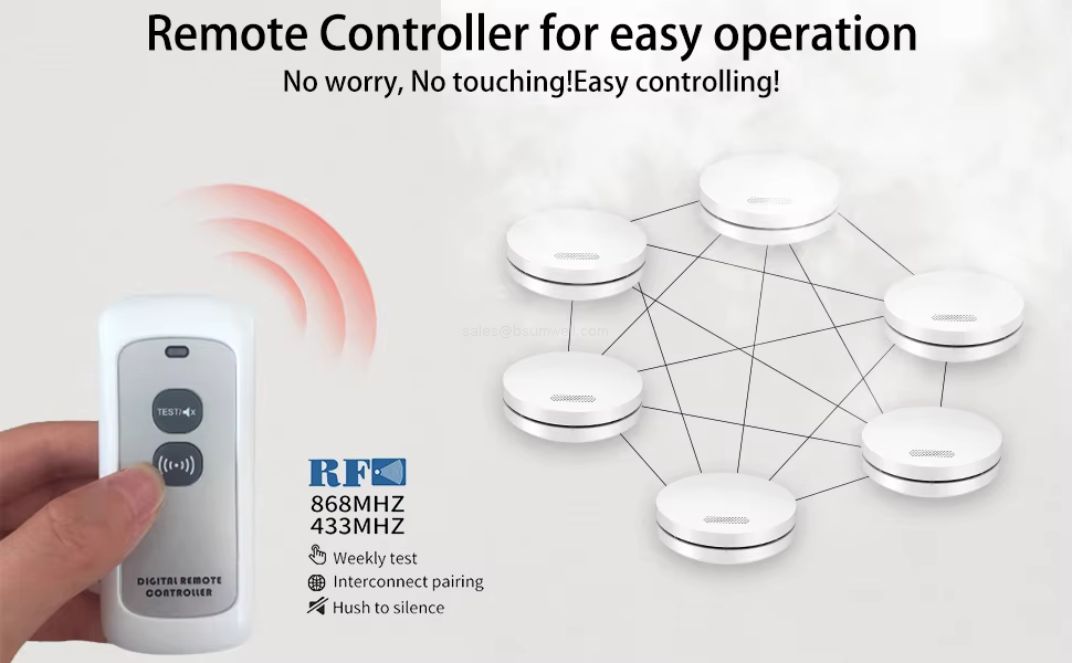 Remote Controller for easy operation. No worry, No touching! Easy controlling! RF 868MHZ 433MHZ: Weekly test, Interconnect pairing, Hush to silence