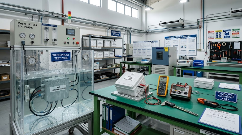 Transparent factory quality control tour - electrical enclosure manufacturing facility with IP waterproof testing and inspection.png