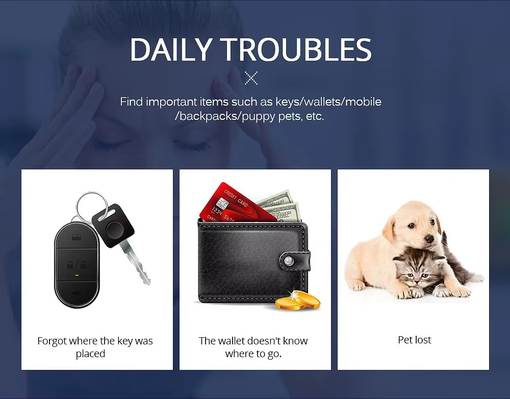 Find important items such as keys/wallets/mobile/backpacks/puppy pets, etc.