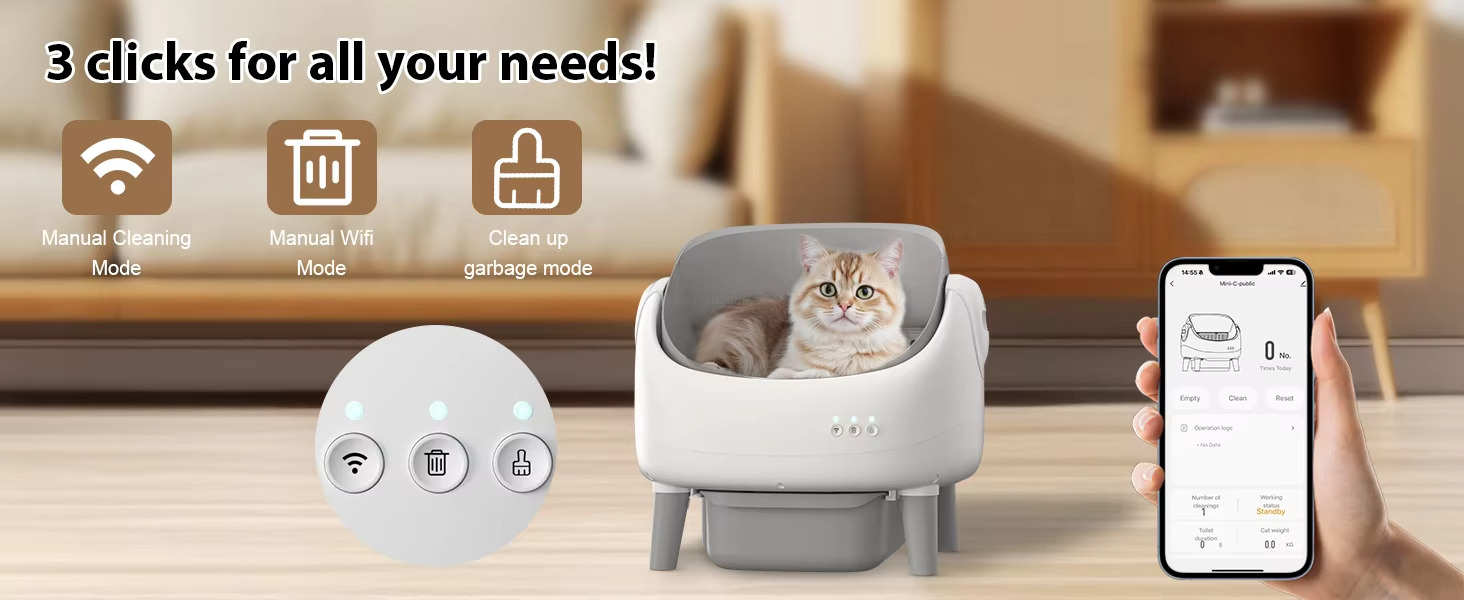 3 clicks for all your needs! Manual Cleaning Mode; Manual Wif Mode; Clean up garbage mode