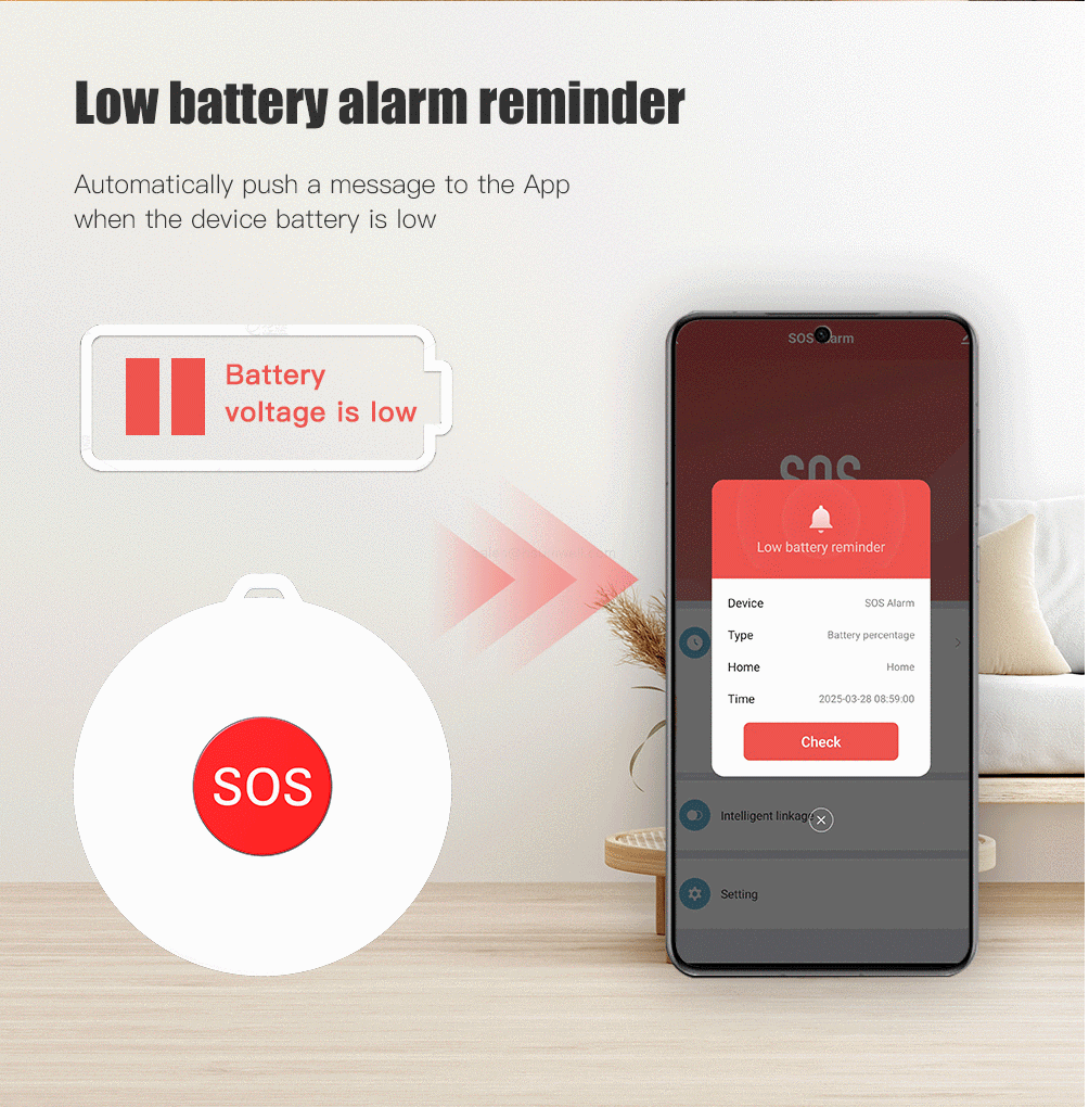Low battery alarm reminder Automatically push a message to the Appwhen the device battery is low