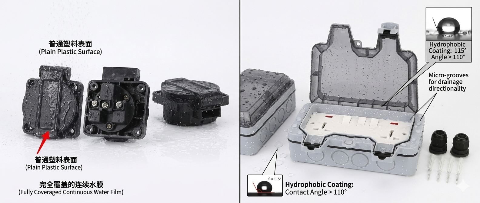 Hydrophobic coating vs. ordinary surface - Water film comparison diagram.png.jpg