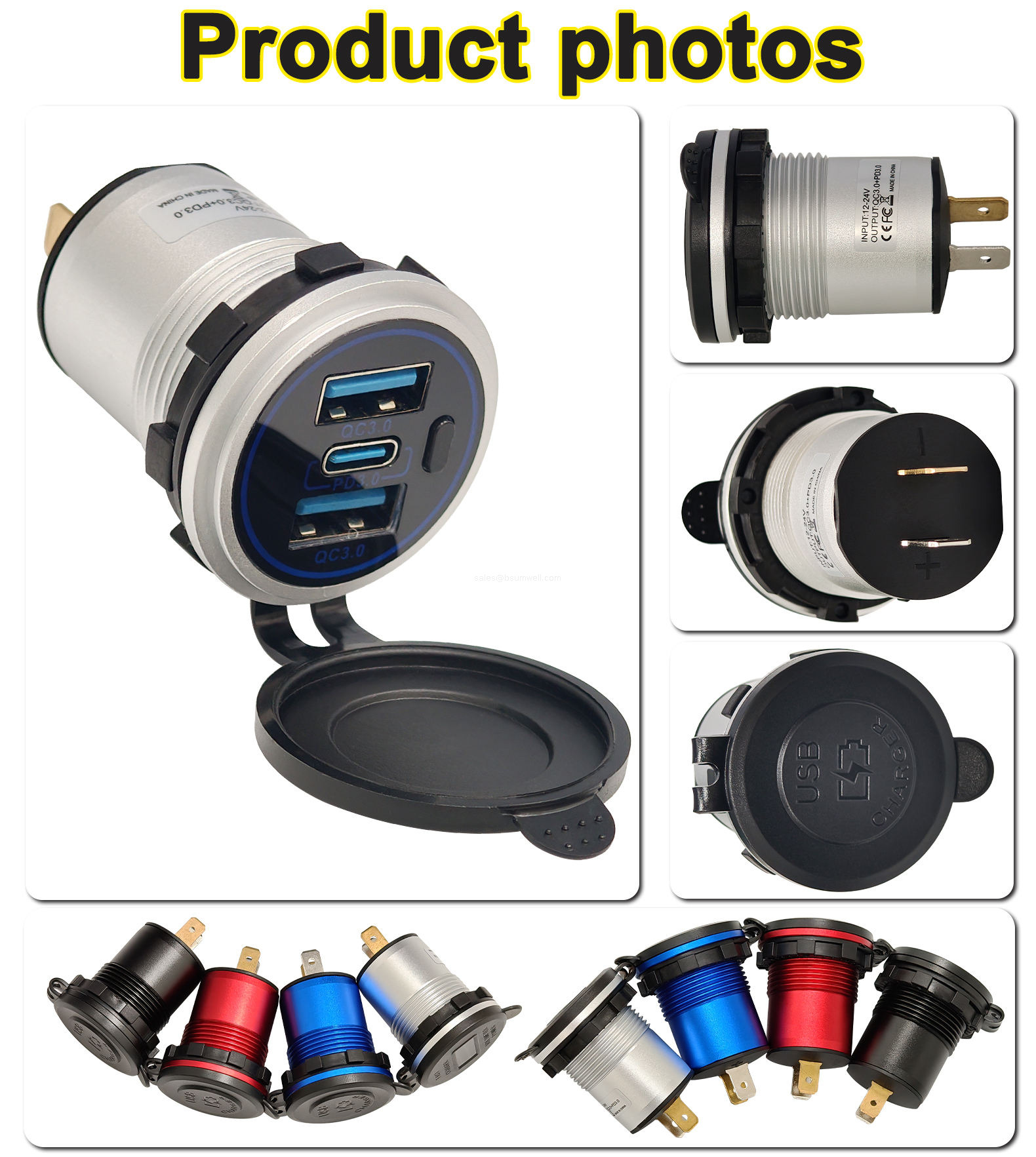 12V 24V 4 in 1 Marine Switch Panel Dual USB PD QC3 Fast Charger Voltmeter Power Socket IP65 Waterproof