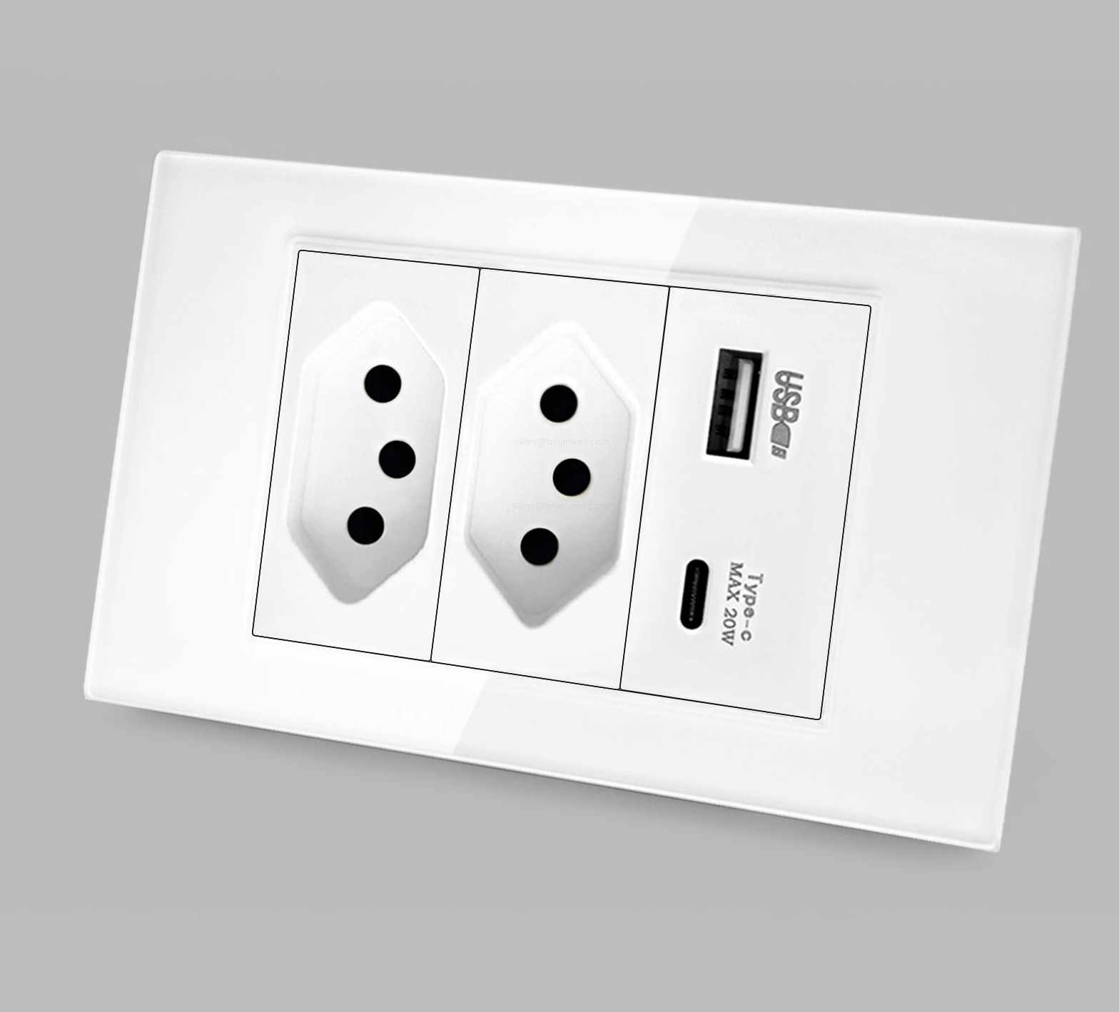 Brazil Standard Smart Switch Wall Outlet White Crystal Glass Panel Electrical Receptacle 10A 20A Power Socket with USB Type C 20W Fast Charger and Cat6 RJ45 Network Module