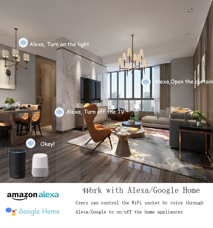 Wbrk with Alexa/Google Home Users can control the WiFi socket by voice throughAlexa/Google to onoff the home appliances