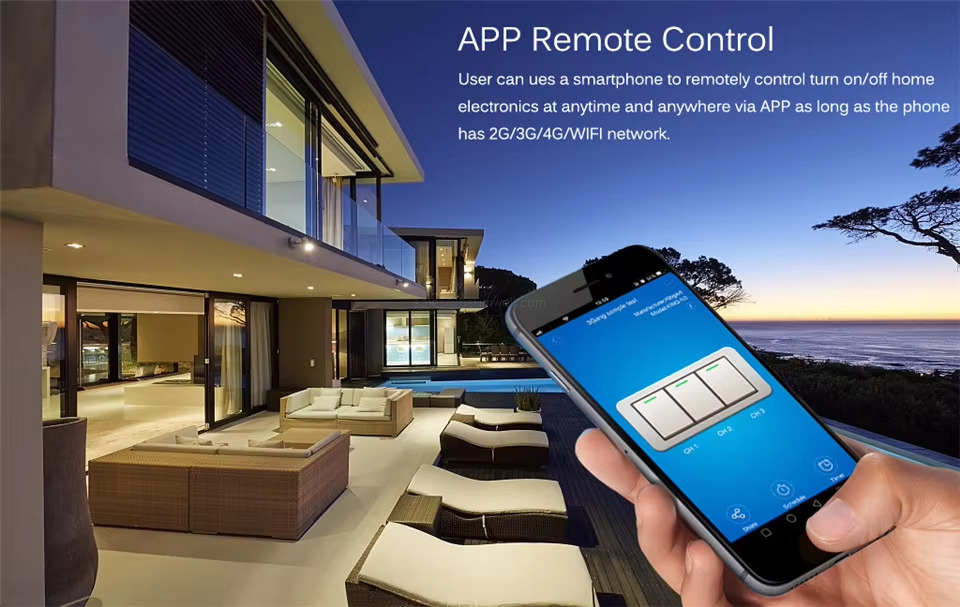 APP Remote Control User can ues a smartphone to remotely control turn on/off homeelectronics at anytime and anywhere via APp as long as the phonehas 2G/3G/4G/IFI network.