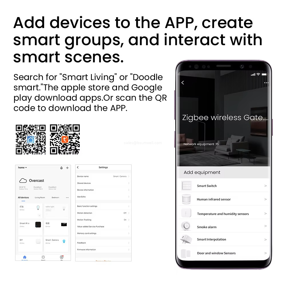 Add devices to the APP, createsmart groups, and interact withsmart scenes