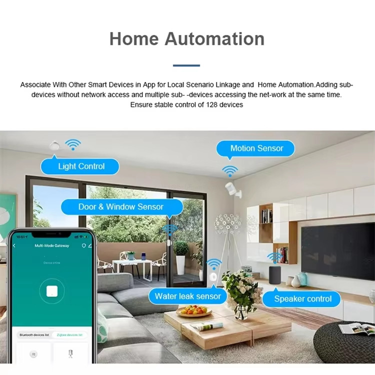 Home Automation Associate With Other Smart Devices in App for Local Scenario Linkage and Home Automation.Adding sub. devices without network access and multiple sub- -devices accessing the net-work at the same time.Ensure stable control of 128 devices