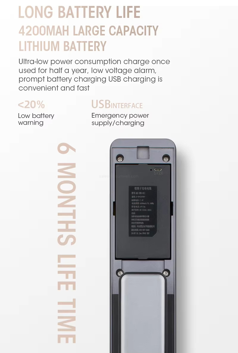 LONG BATTERY LIFE 4200MAH LARGE CAPACITY LITHIUM BATTERY Ultra-low power consumption charge onceused for half a year, low voltage alarm,prompt battery charging UsB charging is convenient and fast <20% Low battery warning USB INTERFACE Emergency power supply/charging