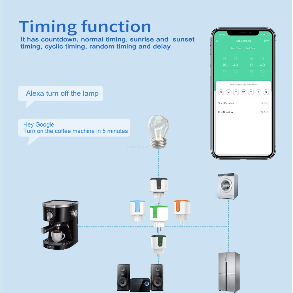 Timing function It has countdown, normal timing, sunrise and sunsettiming, cyclic timing, random timing and delay