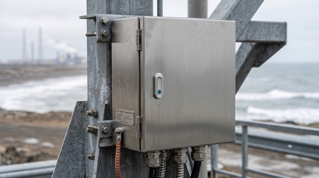 complete corrosion-resistant electrical enclosure system with stainless steel fasteners for coastal industrial facilities.png