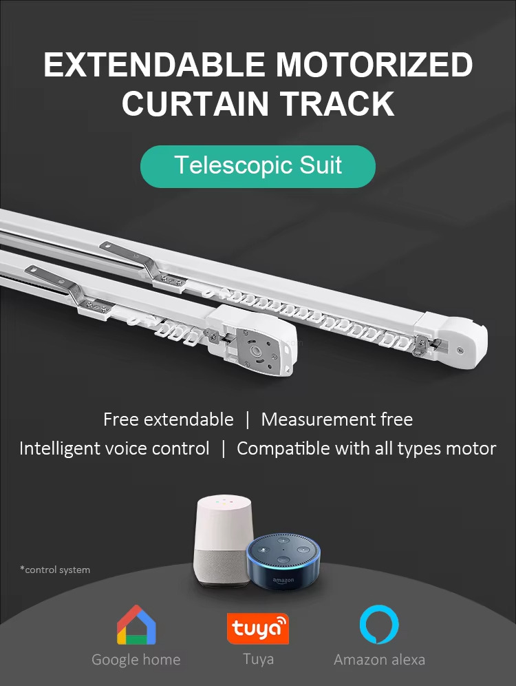 EXTENDABLE MOTORIZEDCURTAIN TRACK Telescopic Suit. Free extendable Measurement free. Intelligent voice control | Compatible with all types motor.