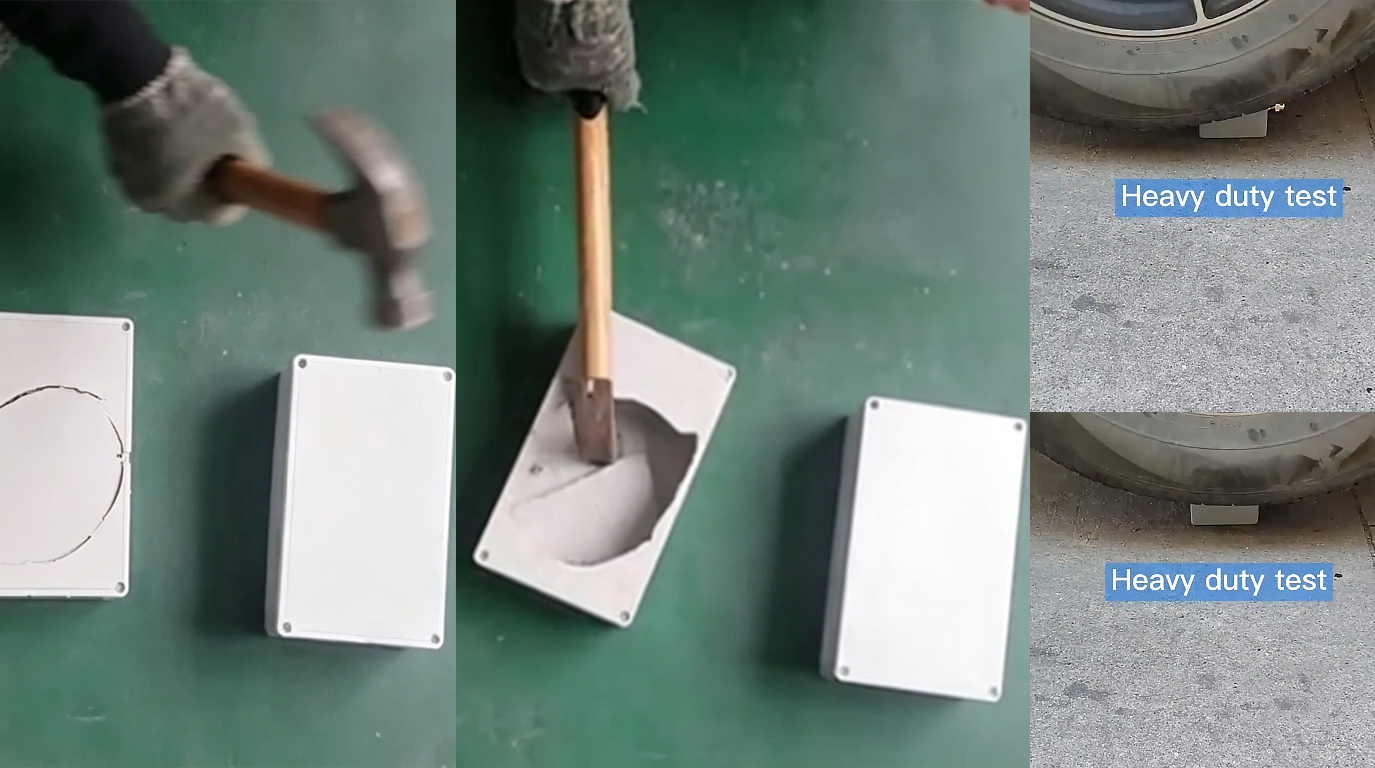 ordinary ABS junction box shattered vs our PC waterproof junction box with only minor white mark, proving high impact resistance1.png